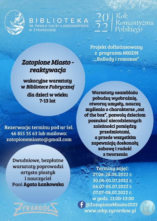 Ulotka warsztatów letnich w bibliotece Zatopione Miasto