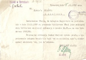 Zawiadomienie o przyznaniu Czytelni ZDRÓJ (jako pełniacej rolę biblioteki miejskiej) subwencji w kwocie 50,00 zł. na rok budżetowy 1939/40 - dokument pochodzi ze zbiorów Muzeum Mazowsza Zachodniego w Żyrardowie.