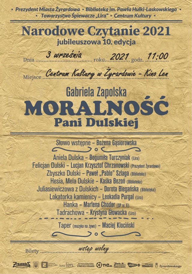 Plakat, na beżowym tle niebieskie napisy z obsadą Narodowego Czytania 2021