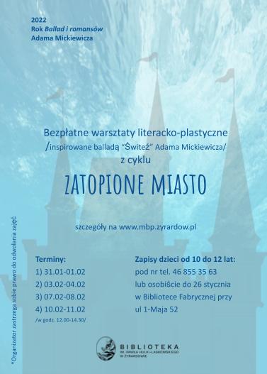 Ulotka reklamująca warsztaty feryjne w bibliotece w Żyrardowie